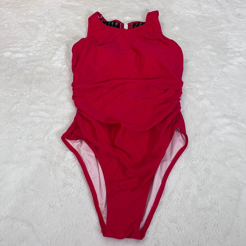 Cupshe Womens One Piece Swimsuit Cherry Red Ruched‎ High Neck Mesh Size Medium